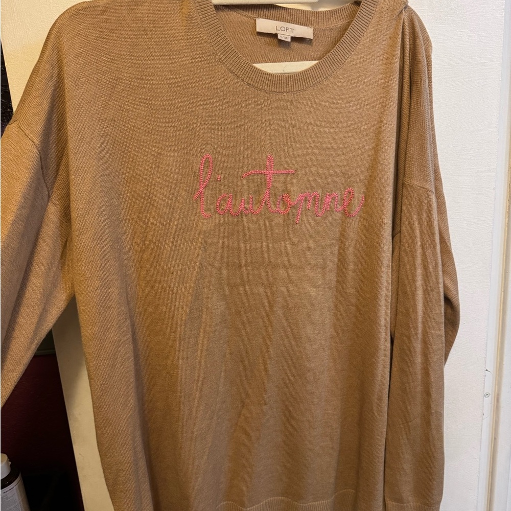 LOFT Tan Sweater with Pink Embroidery